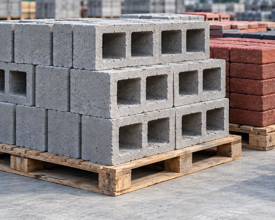 Block de concreto y adoquín sobre tarimas